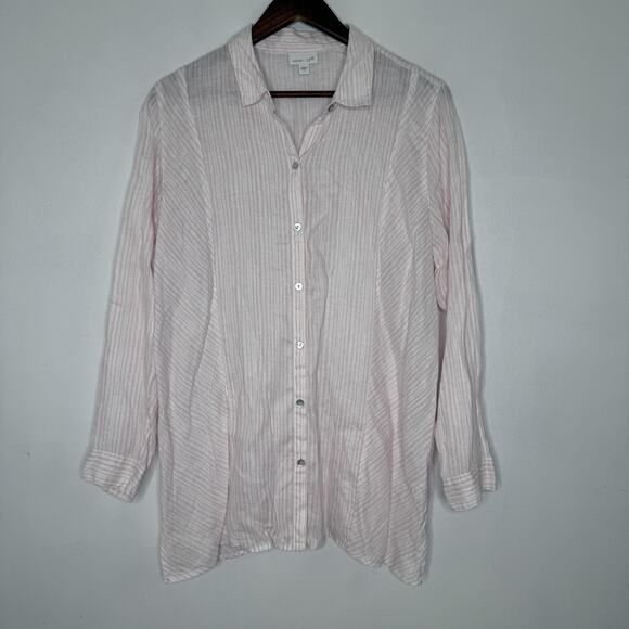 J Jill Shirt Womens Large Pink White Striped Love Linen Button Front Long Sleeve - Picture 1 of 8